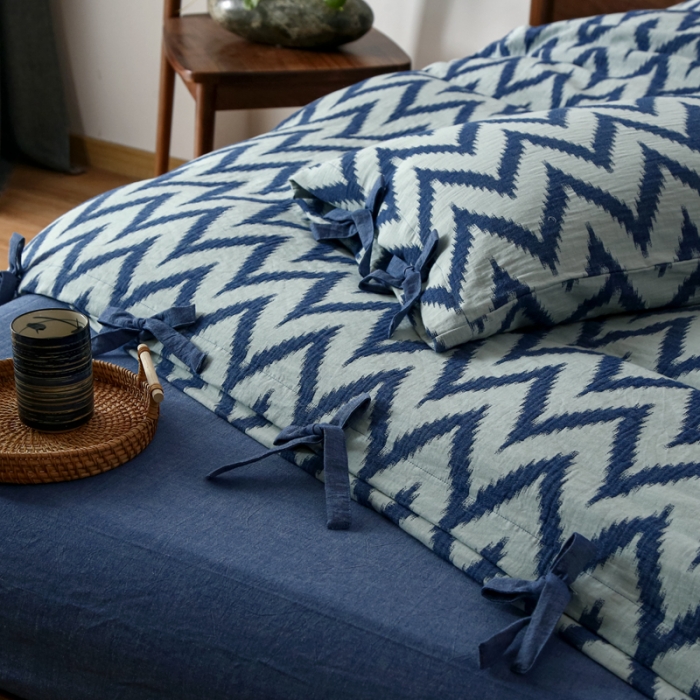 91家纺网 家纺一手货源 找家纺 安莱生活2021新款双层纱海澜大提花蝴蝶结工艺款四件套海澜蓝