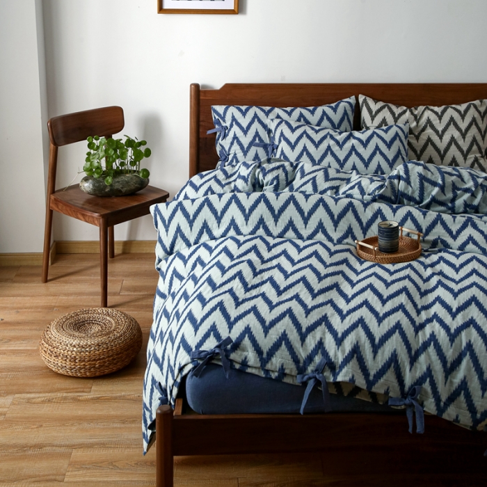 91家纺网 家纺一手货源 找家纺 安莱生活2021新款双层纱海澜大提花蝴蝶结工艺款四件套海澜蓝