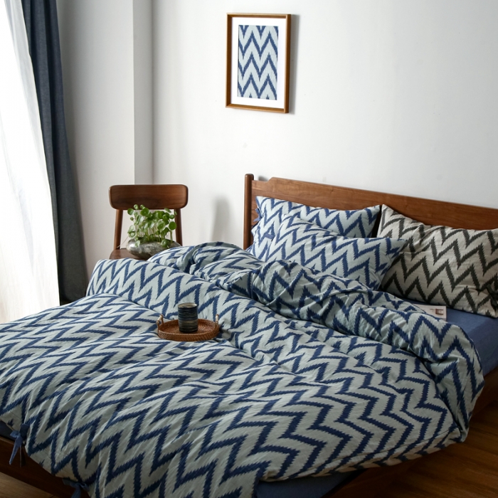 91家纺网 家纺一手货源 找家纺 安莱生活2021新款双层纱海澜大提花蝴蝶结工艺款四件套海澜蓝