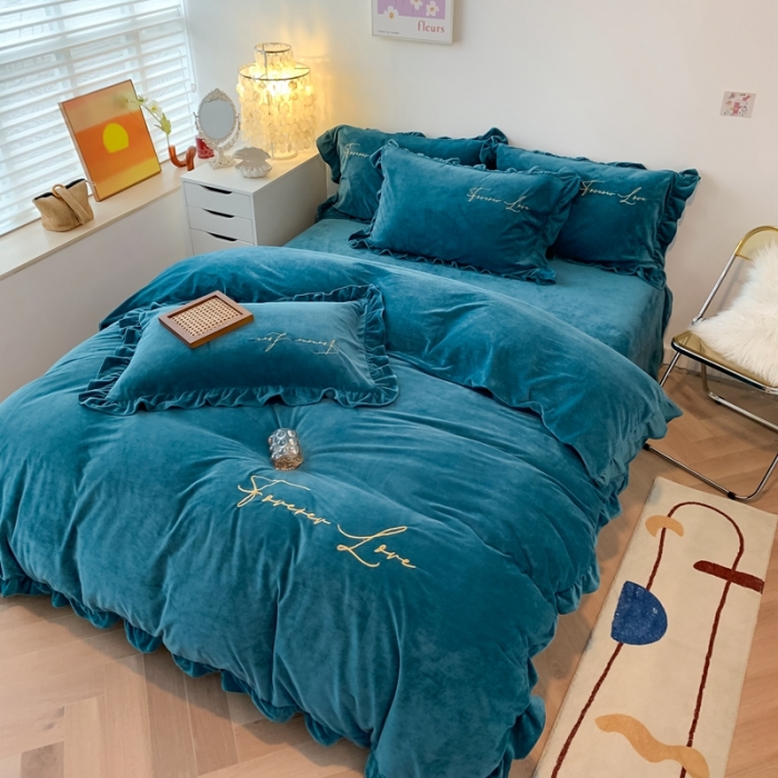 91家纺网 家纺一手货源 找家纺 上尚居 2021新款加厚韩版水晶绒宝宝绒四件套 艾丽丝深绿