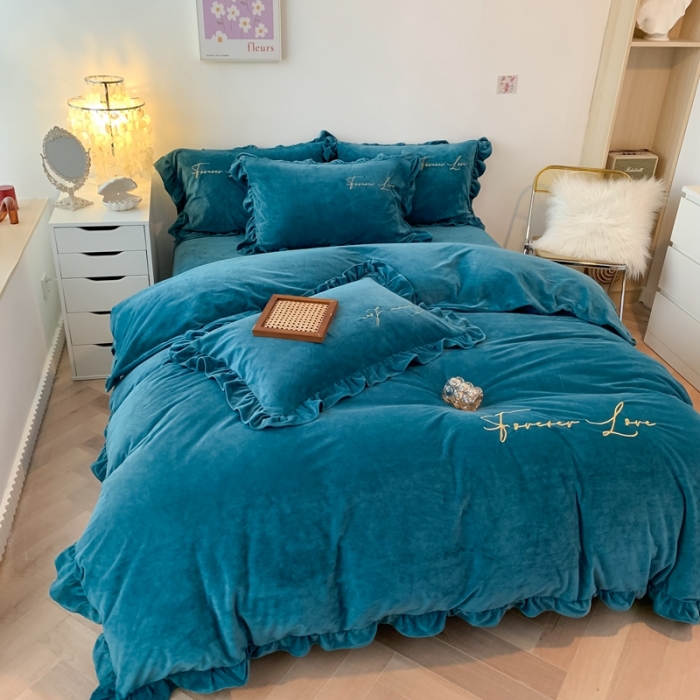 91家纺网 家纺一手货源 找家纺 上尚居 2021新款加厚韩版水晶绒宝宝绒四件套 艾丽丝深绿