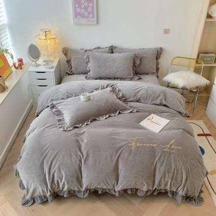 91家纺网 家纺一手货源 找家纺 上尚居 2021新款加厚韩版水晶绒宝宝绒四件套 艾丽丝银灰