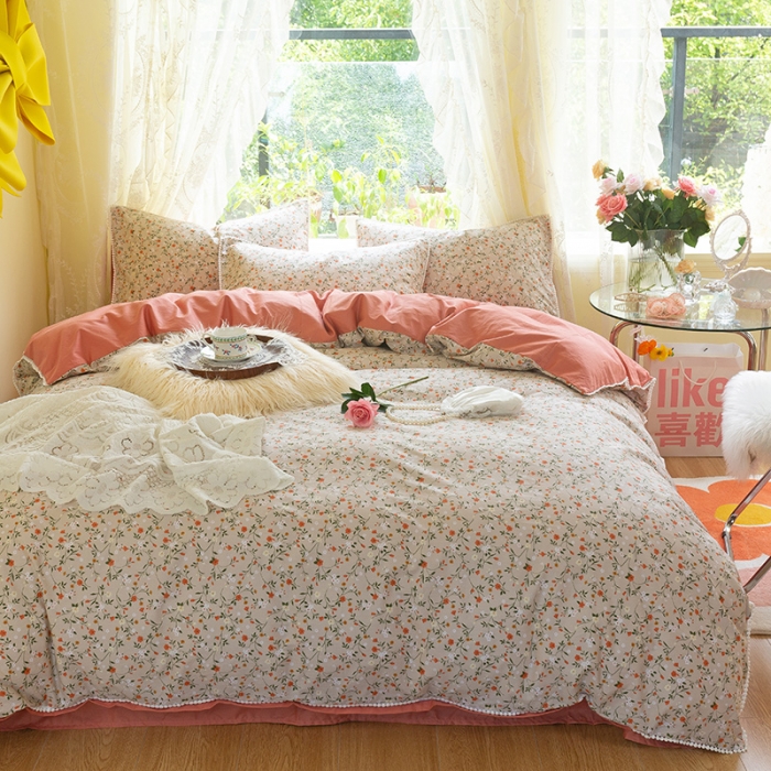 91家纺网 家纺一手货源 找家纺 千朵2021新款13372活性印花花边款四件套 漫天花雨