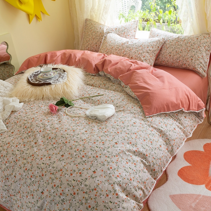 91家纺网 家纺一手货源 找家纺 千朵2021新款13372活性印花花边款四件套 漫天花雨