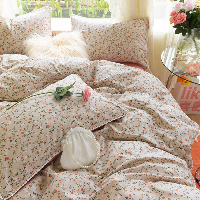 91家纺网 家纺一手货源 找家纺 千朵2021新款13372活性印花花边款四件套 漫天花雨