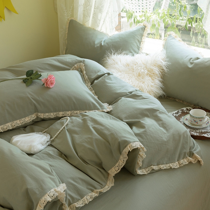 91家纺网 家纺一手货源 找家纺 千朵2021新款纯色带边款四件套 茶绿