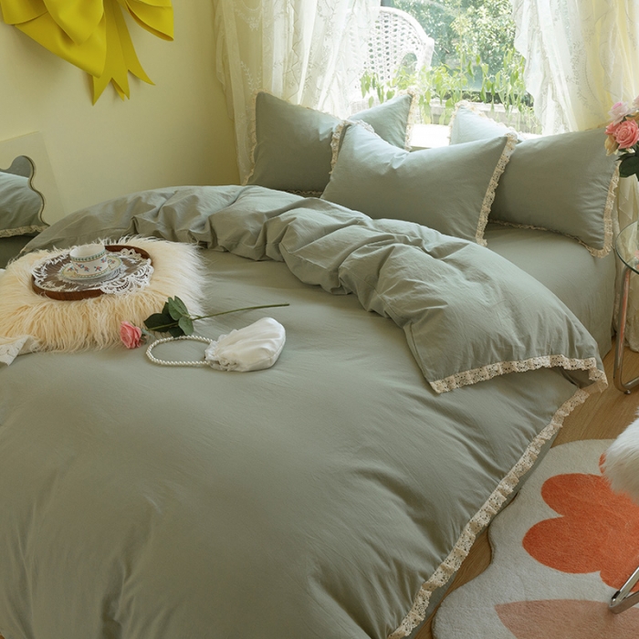91家纺网 家纺一手货源 找家纺 千朵2021新款纯色带边款四件套 茶绿