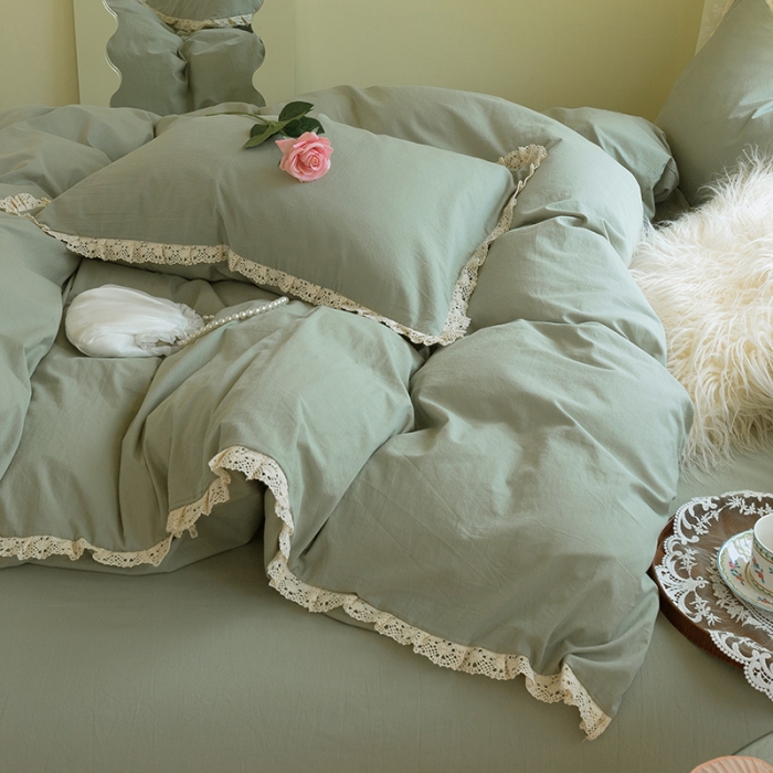 91家纺网 家纺一手货源 找家纺 千朵2021新款纯色带边款四件套 茶绿