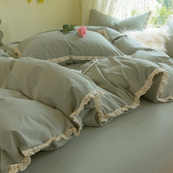 91家纺网 家纺一手货源 找家纺 千朵2021新款纯色带边款四件套 茶绿