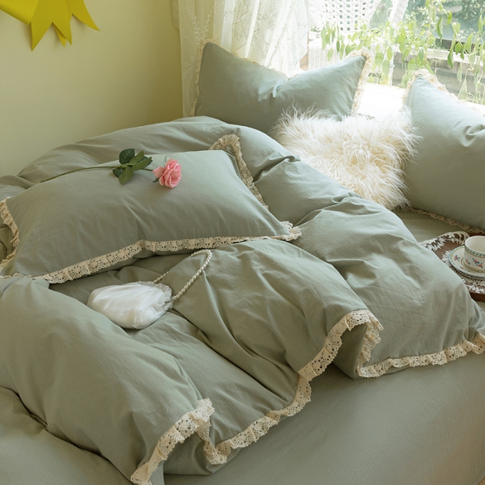 91家纺网 家纺一手货源 找家纺 千朵2021新款纯色带边款四件套 茶绿