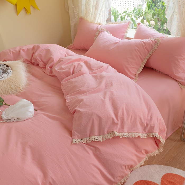 91家纺网 家纺一手货源 找家纺 千朵2021新款纯色带边款四件套 粉玉