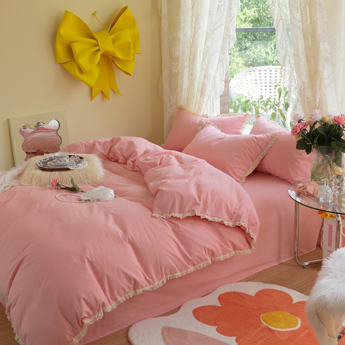 91家纺网 家纺一手货源 找家纺 千朵2021新款纯色带边款四件套 粉玉