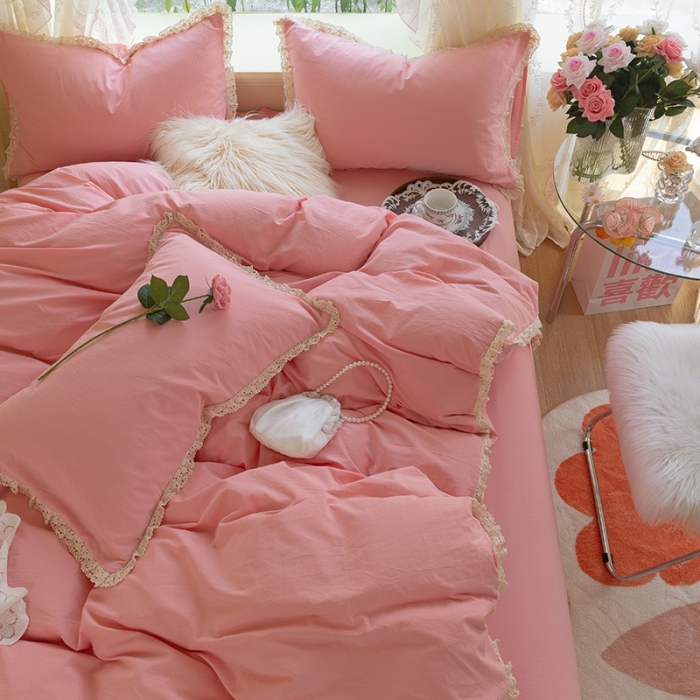 91家纺网 家纺一手货源 找家纺 千朵2021新款纯色带边款四件套 粉玉