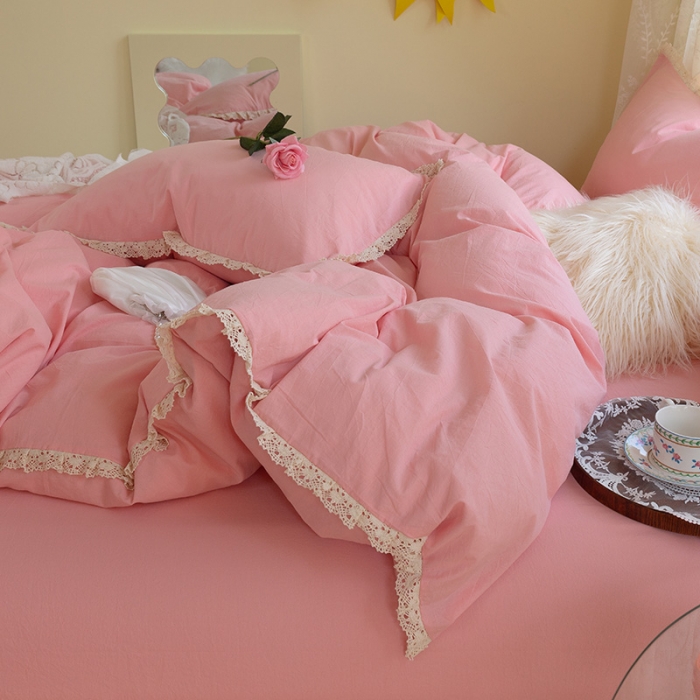 91家纺网 家纺一手货源 找家纺 千朵2021新款纯色带边款四件套 粉玉