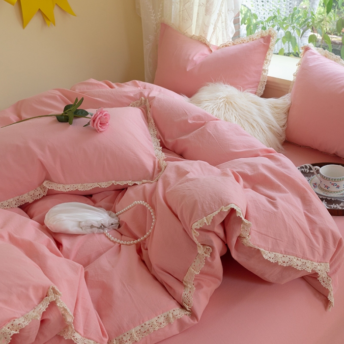 91家纺网 家纺一手货源 找家纺 千朵2021新款纯色带边款四件套 粉玉