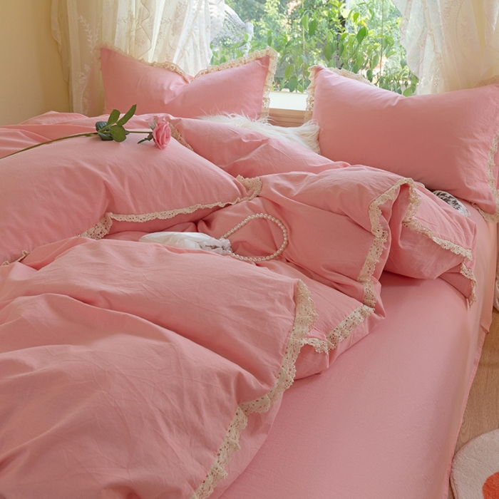 91家纺网 家纺一手货源 找家纺 千朵2021新款纯色带边款四件套 粉玉