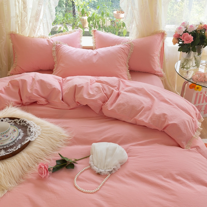 91家纺网 家纺一手货源 找家纺 千朵2021新款纯色带边款四件套 粉玉