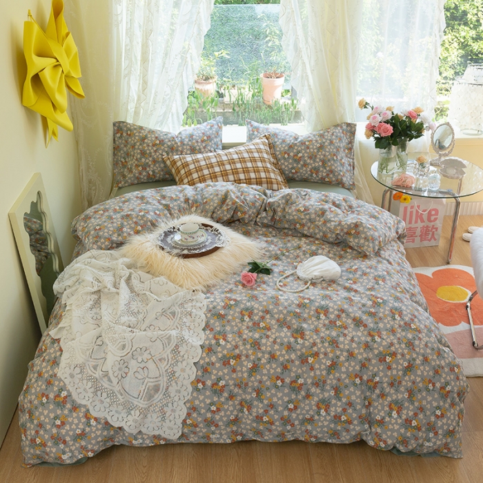 91家纺网 家纺一手货源 找家纺 千朵2021新款水洗棉款四件套 沐夏-灰