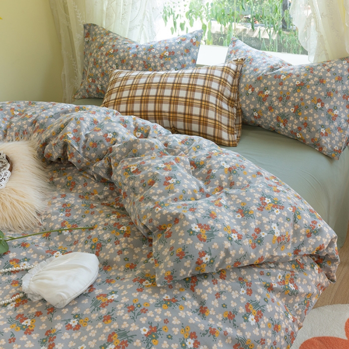 91家纺网 家纺一手货源 找家纺 千朵2021新款水洗棉款四件套 沐夏-灰