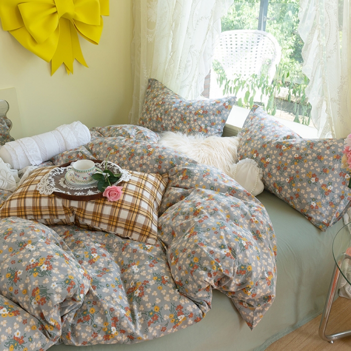 91家纺网 家纺一手货源 找家纺 千朵2021新款水洗棉款四件套 沐夏-灰