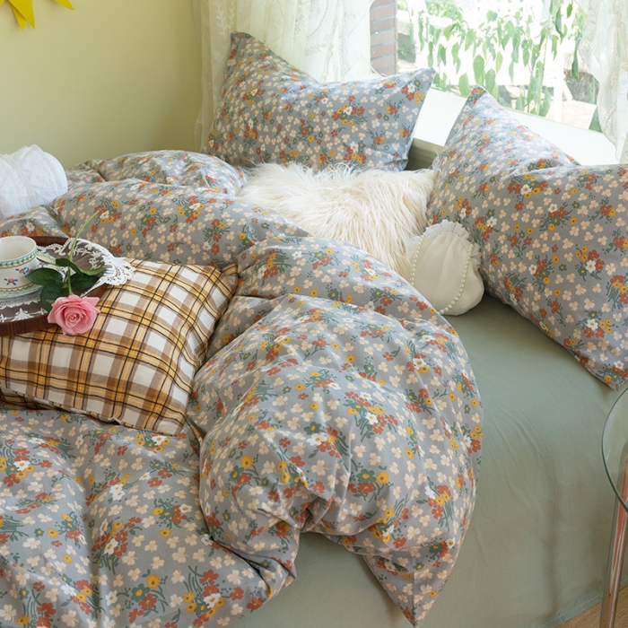 91家纺网 家纺一手货源 找家纺 千朵2021新款水洗棉款四件套 沐夏-灰