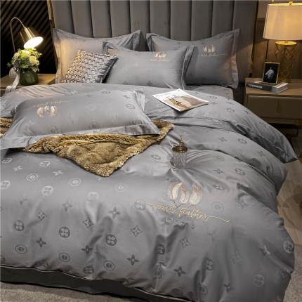 91家纺网 家纺一手货源 找家纺 品乐  2023新款全棉刺绣提花四件套 时尚灰
