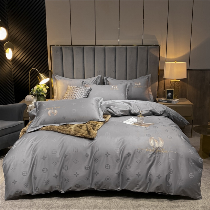 91家纺网 家纺一手货源 找家纺 品乐  2023新款全棉刺绣提花四件套 时尚灰