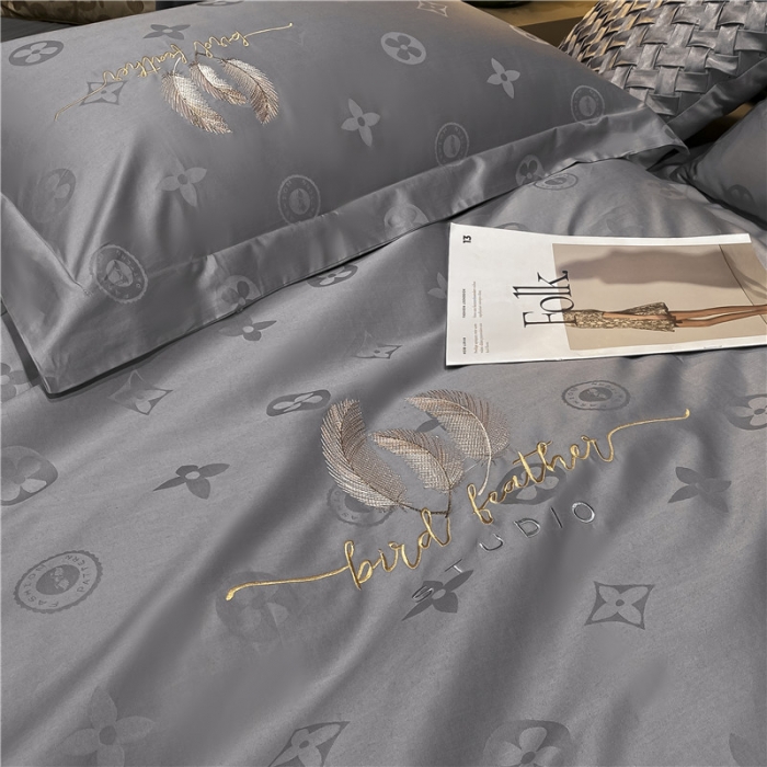 91家纺网 家纺一手货源 找家纺 品乐  2023新款全棉刺绣提花四件套 时尚灰