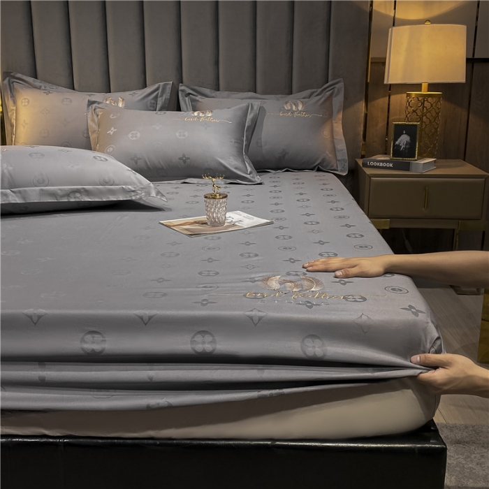 91家纺网 家纺一手货源 找家纺 品乐家纺 2023新款100支长绒棉提花刺绣单床笠 时尚灰