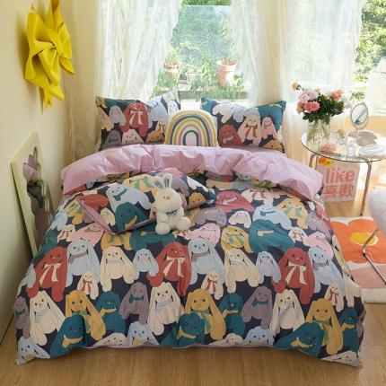 91家纺网 家纺一手货源 找家纺 千朵2021新款13372活性印花款四件套 咪咪兔