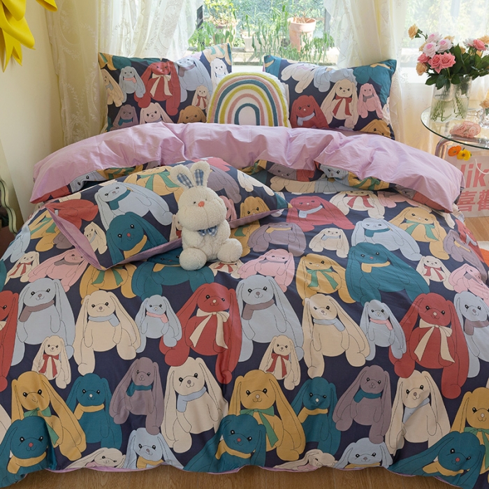 91家纺网 家纺一手货源 找家纺 千朵2021新款13372活性印花款四件套 咪咪兔