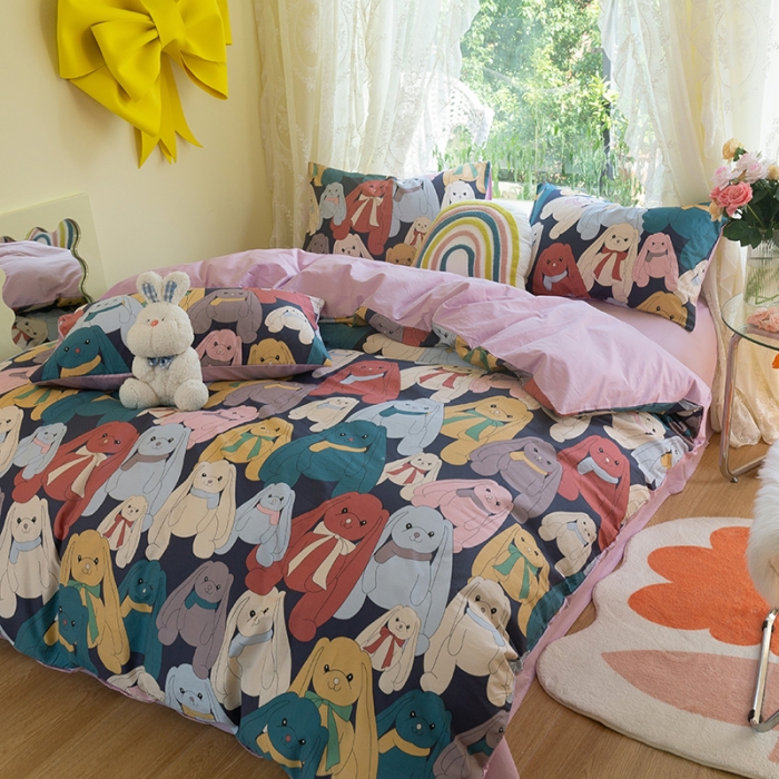 91家纺网 家纺一手货源 找家纺 千朵2021新款13372活性印花款四件套 咪咪兔