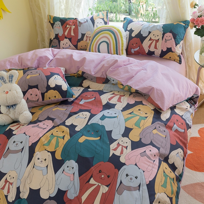 91家纺网 家纺一手货源 找家纺 千朵2021新款13372活性印花款四件套 咪咪兔