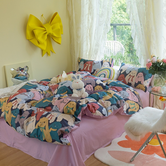 91家纺网 家纺一手货源 找家纺 千朵2021新款13372活性印花款四件套 咪咪兔