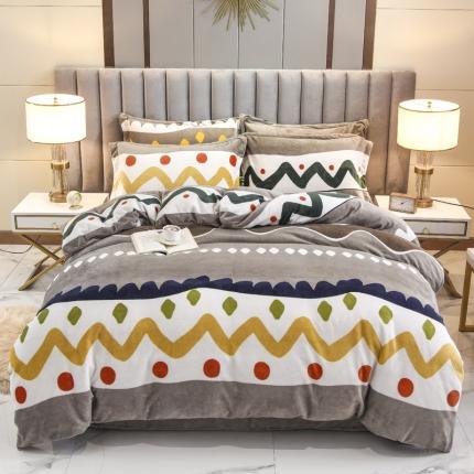 91家纺网 家纺一手货源 找家纺 锦罗绣 2021新款牛奶绒印花四件套 时尚条纹