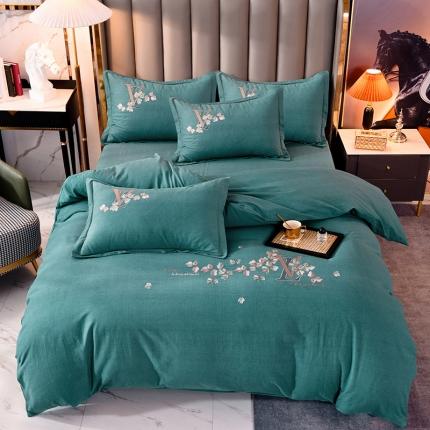 91家纺网 家纺一手货源 找家纺 百花王2021新款全棉绣花四件套 深宝绿色