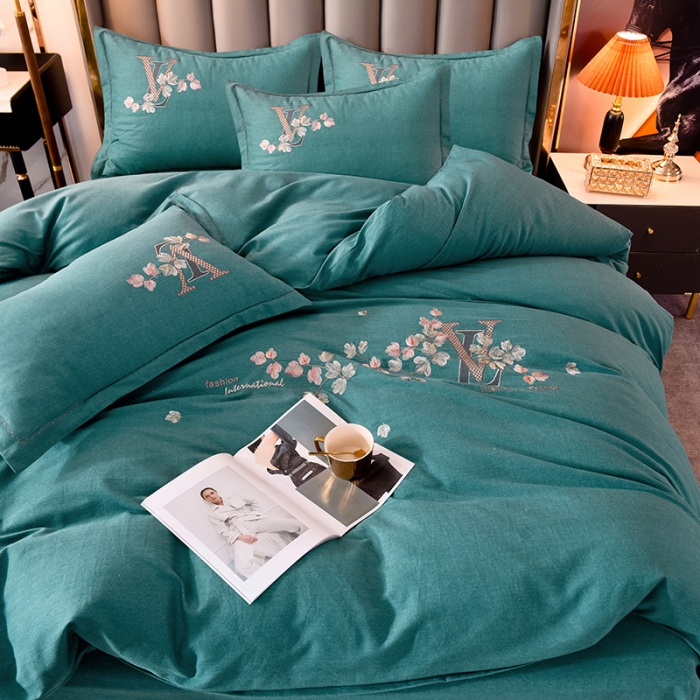 91家纺网 家纺一手货源 找家纺 百花王2021新款全棉绣花四件套 深宝绿色