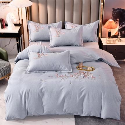 百花王2021新款全棉绣花四件套 时尚浅灰