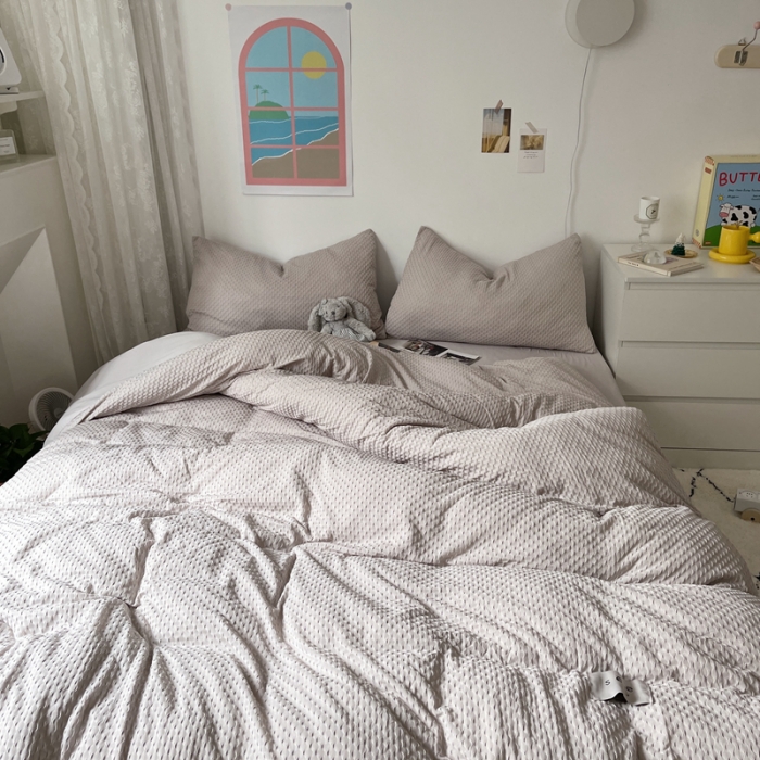 91家纺网 家纺一手货源 找家纺 2021年新款华夫格系列四件套 淡灰