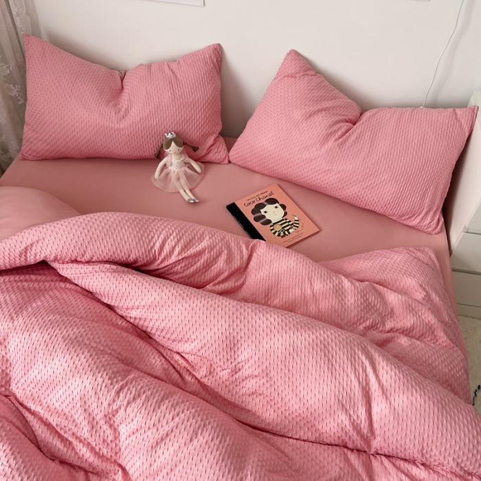 91家纺网 家纺一手货源 找家纺 2021年新款华夫格系列四件套 粉