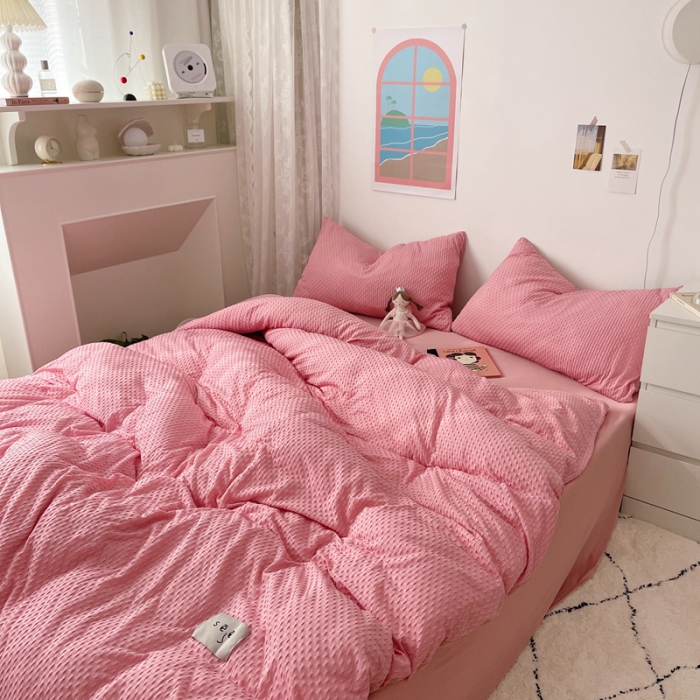 91家纺网 家纺一手货源 找家纺 2021年新款华夫格系列四件套 粉