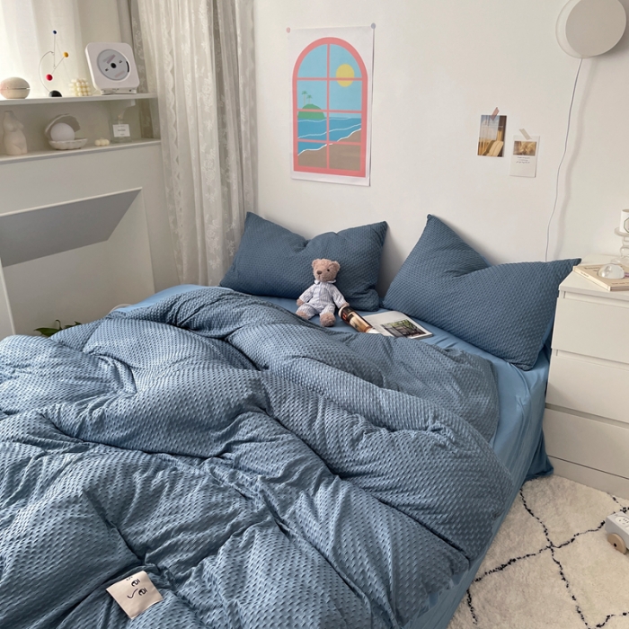 91家纺网 家纺一手货源 找家纺 2021年新款华夫格系列四件套 蓝