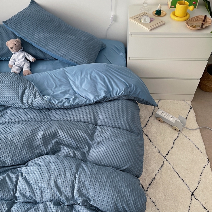 91家纺网 家纺一手货源 找家纺 2021年新款华夫格系列四件套 蓝