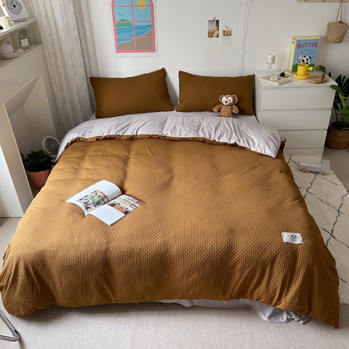 91家纺网 家纺一手货源 找家纺 2021年新款华夫格系列四件套 棕