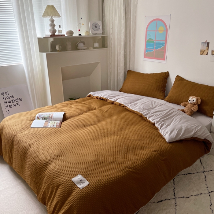 91家纺网 家纺一手货源 找家纺 2021年新款华夫格系列四件套 棕