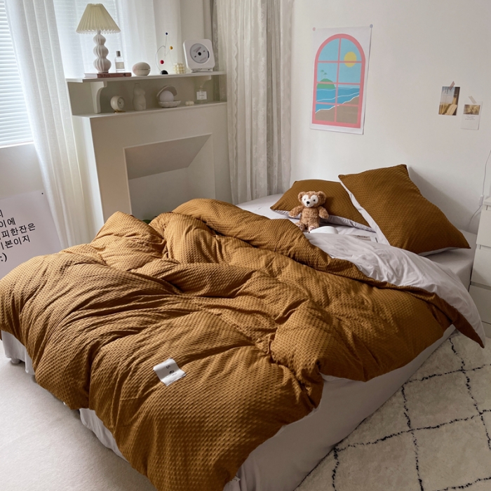 91家纺网 家纺一手货源 找家纺 2021年新款华夫格系列四件套 棕