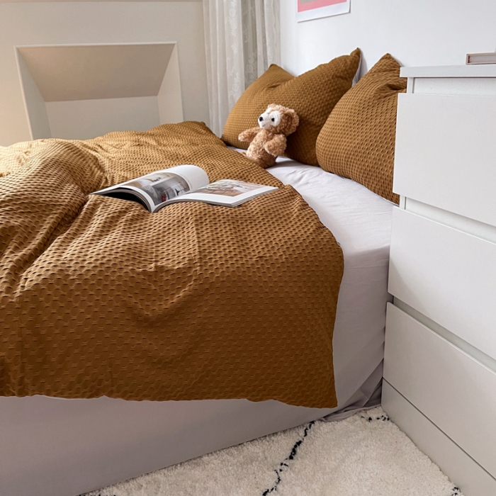 91家纺网 家纺一手货源 找家纺 2021年新款华夫格系列四件套 棕