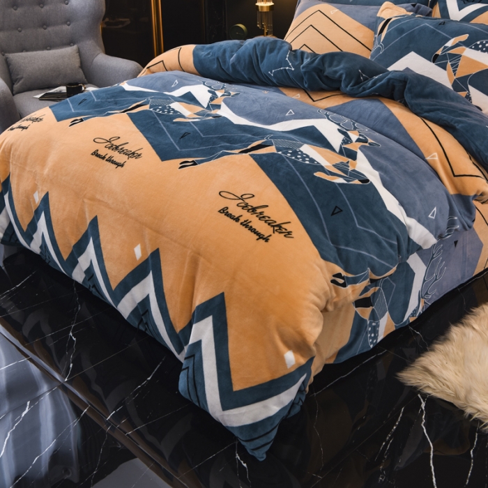 91家纺网 家纺一手货源 找家纺 锦罗绣 2021新款牛奶绒印花四件套 奔腾鹿