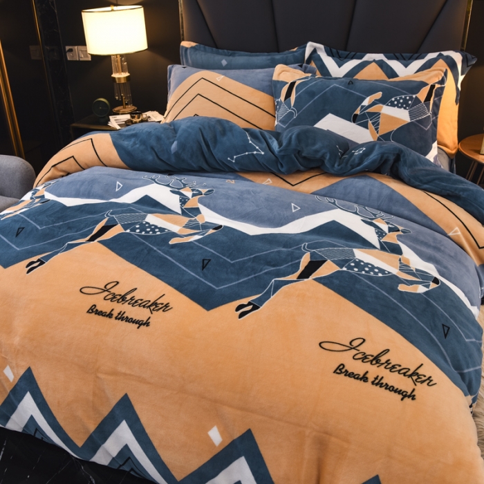 91家纺网 家纺一手货源 找家纺 锦罗绣 2021新款牛奶绒印花四件套 奔腾鹿