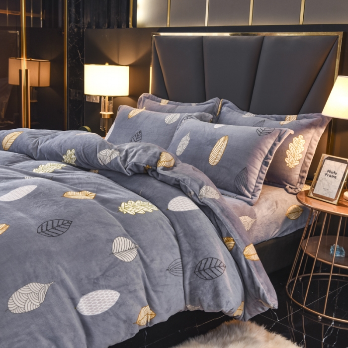 91家纺网 家纺一手货源 找家纺 锦罗绣 2021新款牛奶绒印花四件套 叶子